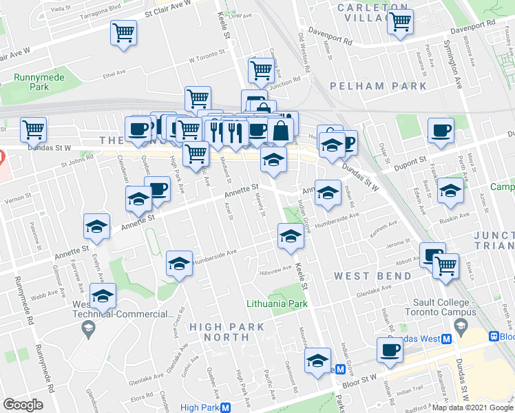 map of restaurants, bars, coffee shops, grocery stores, and more near in Toronto