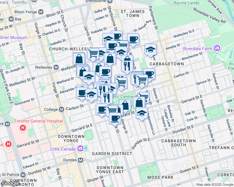 map of restaurants, bars, coffee shops, grocery stores, and more near 134 Carlton Street in Toronto