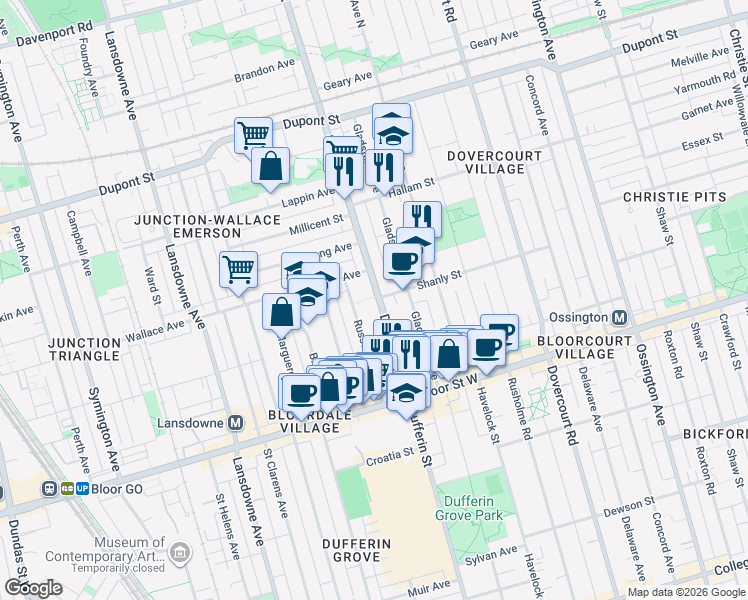 map of restaurants, bars, coffee shops, grocery stores, and more near 1132 Dufferin Street in Toronto