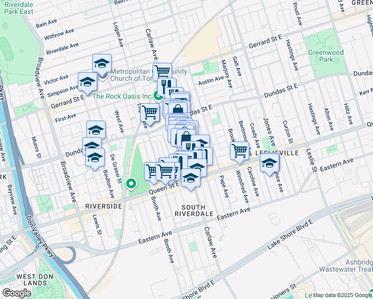 map of restaurants, bars, coffee shops, grocery stores, and more near 233 Carlaw Avenue in Toronto