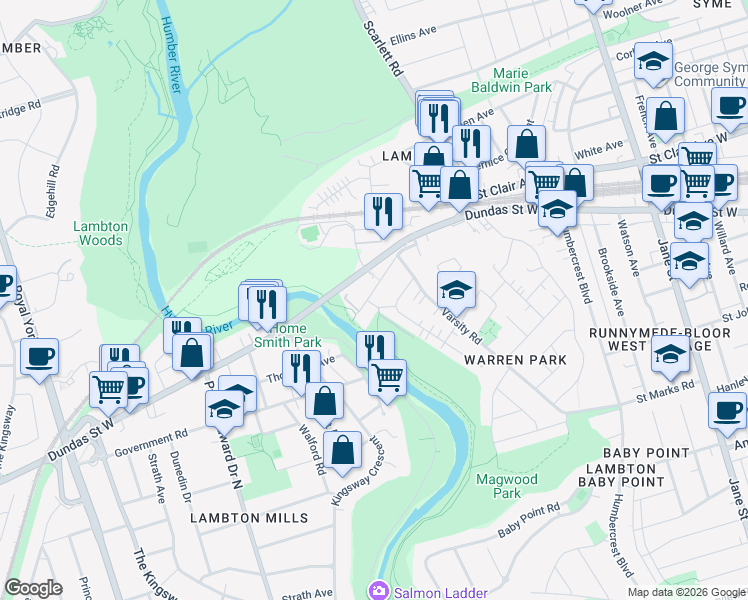 map of restaurants, bars, coffee shops, grocery stores, and more near 1 Lundy Avenue in Toronto