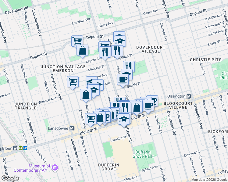map of restaurants, bars, coffee shops, grocery stores, and more near in Toronto
