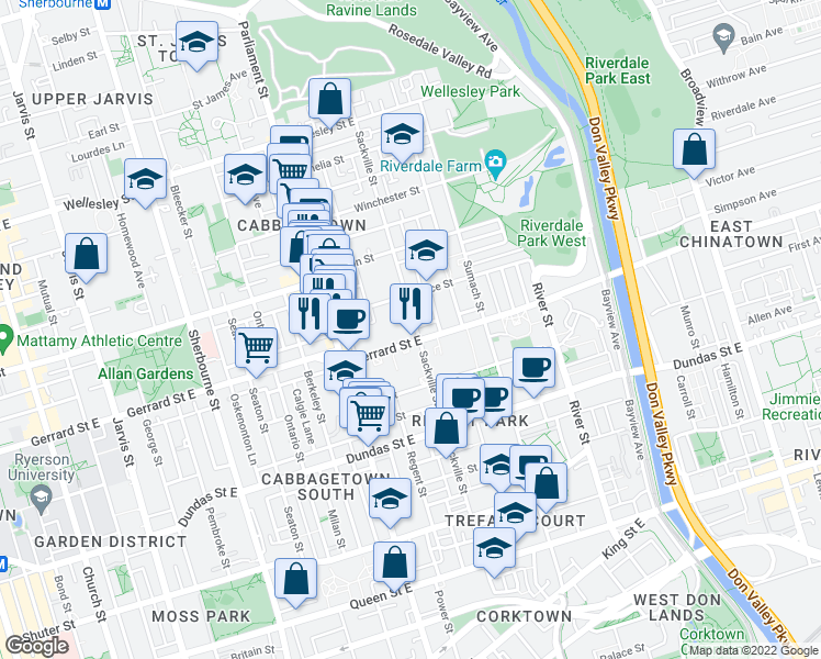 map of restaurants, bars, coffee shops, grocery stores, and more near 289 Sackville Street in Toronto