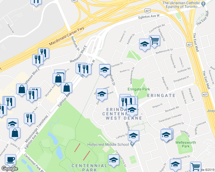 map of restaurants, bars, coffee shops, grocery stores, and more near 21 Bigham Crescent in Toronto