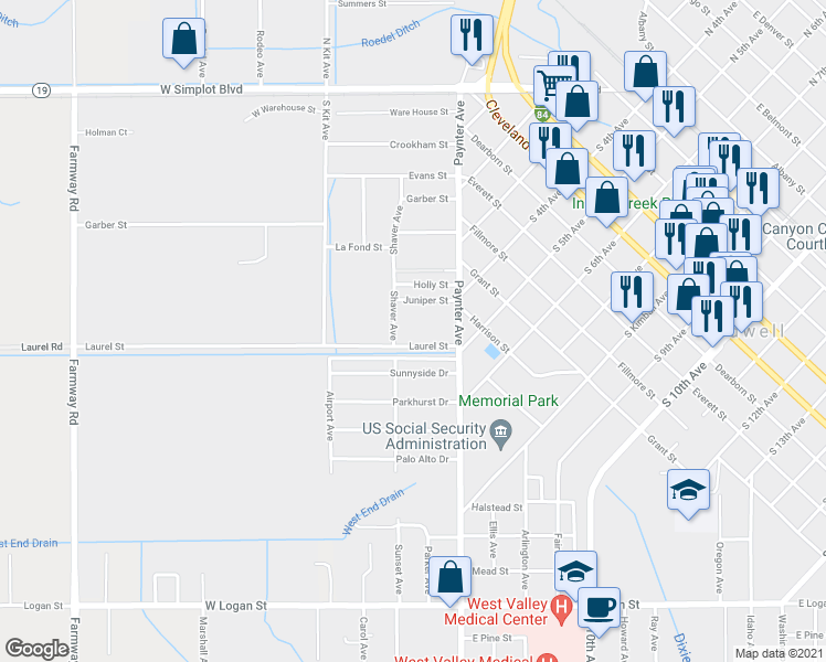map of restaurants, bars, coffee shops, grocery stores, and more near 220 Laurel Street in Caldwell