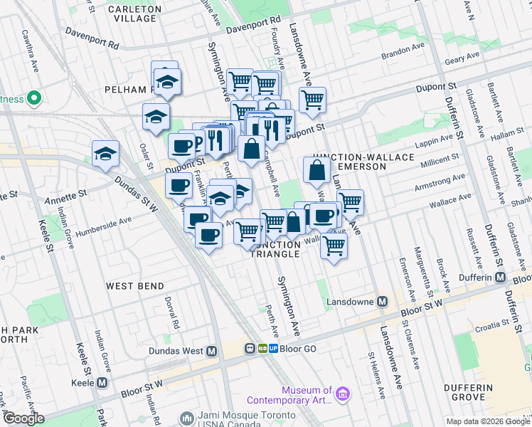 map of restaurants, bars, coffee shops, grocery stores, and more near 207 Symington Avenue in Toronto