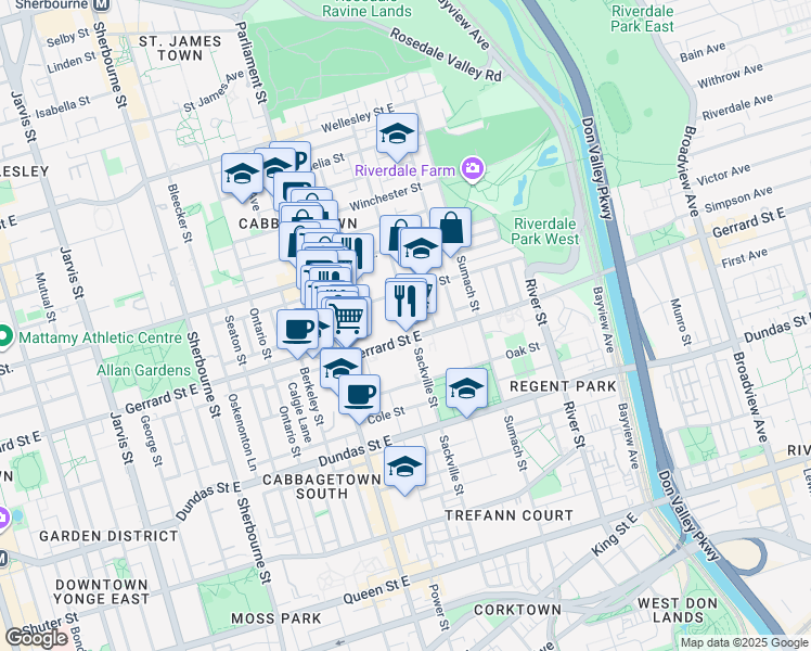 map of restaurants, bars, coffee shops, grocery stores, and more near 280 Sackville Street in Toronto