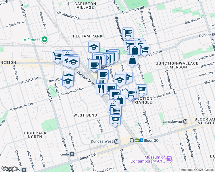 map of restaurants, bars, coffee shops, grocery stores, and more near in Toronto