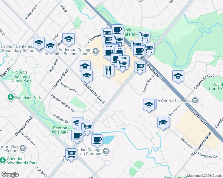 map of restaurants, bars, coffee shops, grocery stores, and more near 220 Steeles Avenue West in Brampton
