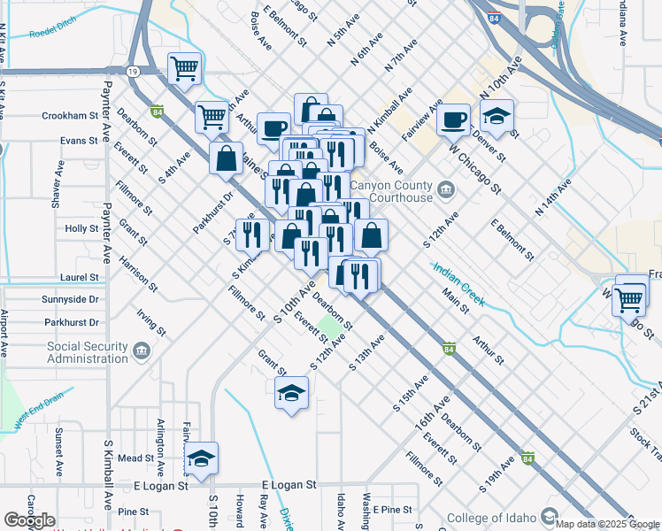 map of restaurants, bars, coffee shops, grocery stores, and more near in Caldwell