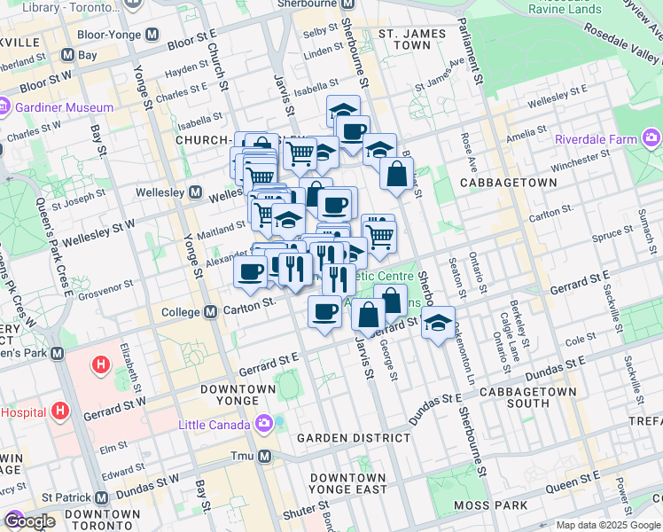 map of restaurants, bars, coffee shops, grocery stores, and more near 342 Jarvis Street in Toronto