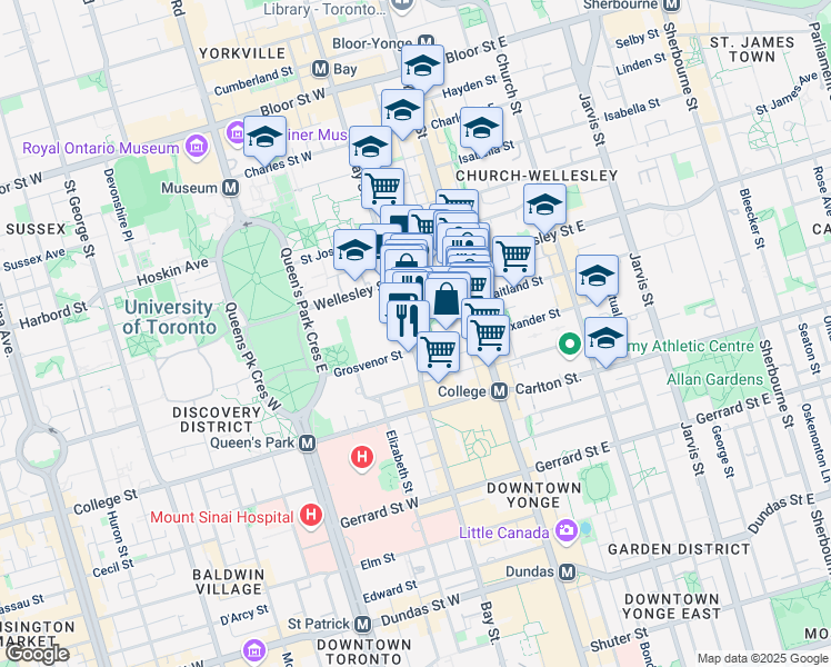 map of restaurants, bars, coffee shops, grocery stores, and more near 35 Breadalbane Street in Toronto