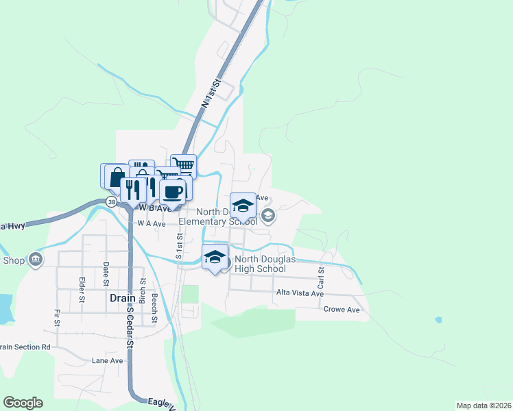 map of restaurants, bars, coffee shops, grocery stores, and more near 295 East C Avenue in Drain