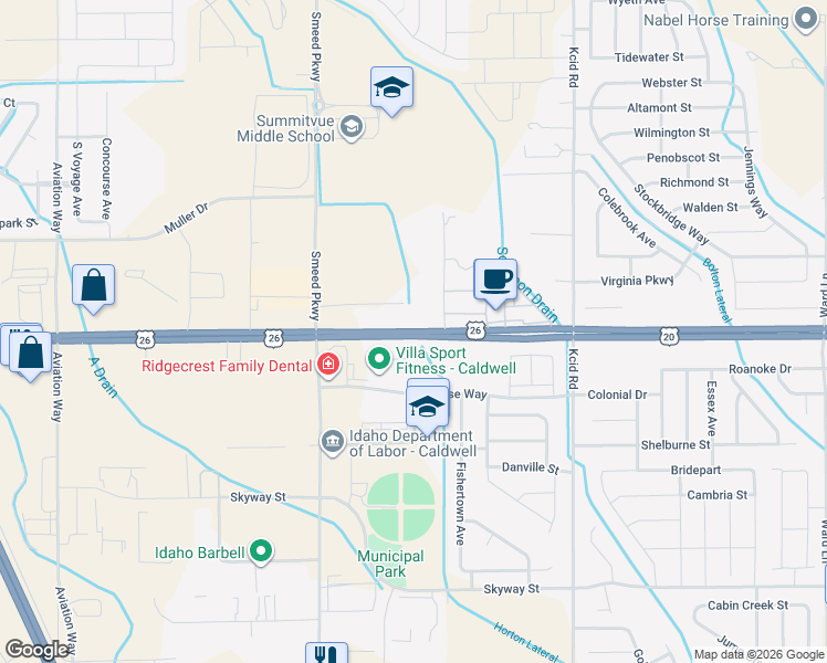 map of restaurants, bars, coffee shops, grocery stores, and more near U.S. Highway 26 in Caldwell