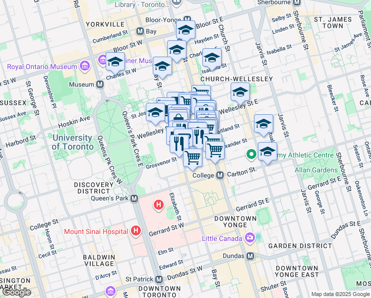 map of restaurants, bars, coffee shops, grocery stores, and more near 889 Bay Street in Toronto