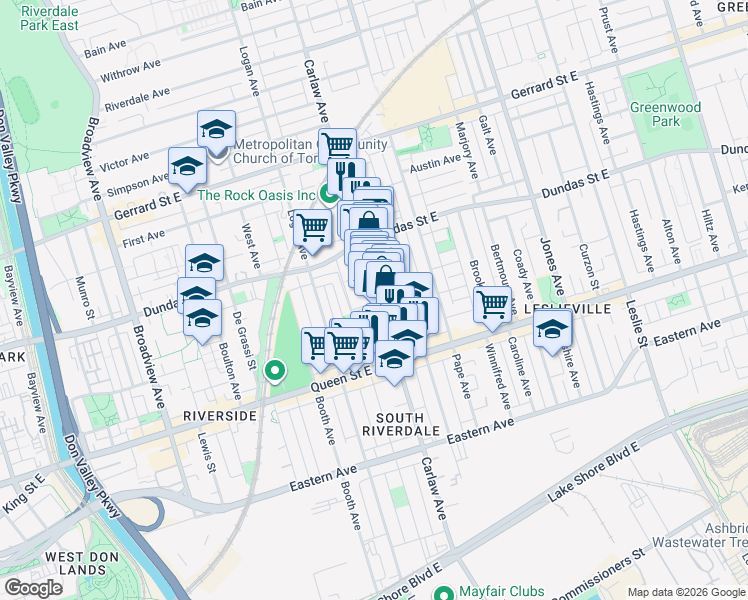 map of restaurants, bars, coffee shops, grocery stores, and more near 260 Carlaw Avenue in Toronto