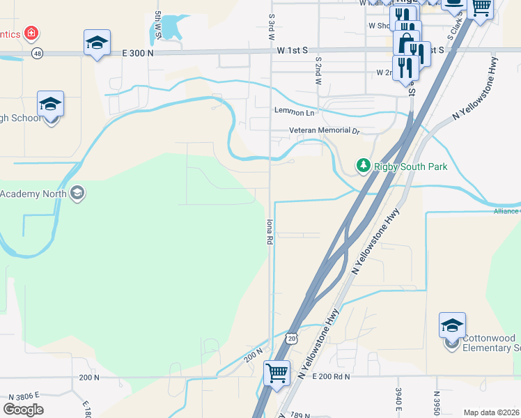 map of restaurants, bars, coffee shops, grocery stores, and more near 249 North 3900 East in Rigby
