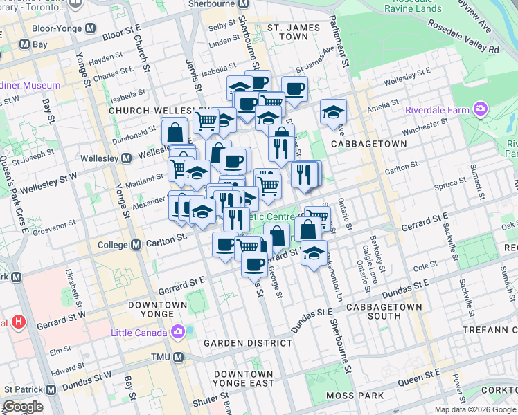 map of restaurants, bars, coffee shops, grocery stores, and more near 134 Carlton Street in Toronto
