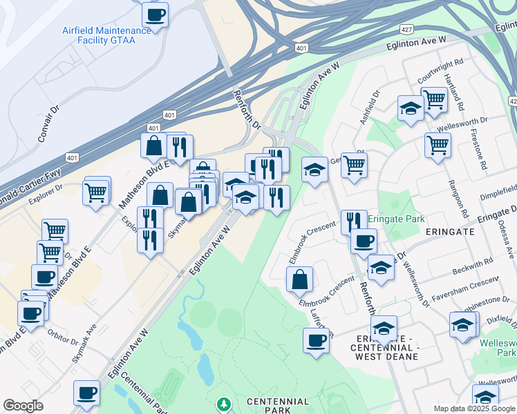 map of restaurants, bars, coffee shops, grocery stores, and more near 5395 Eglinton Ave W in Toronto