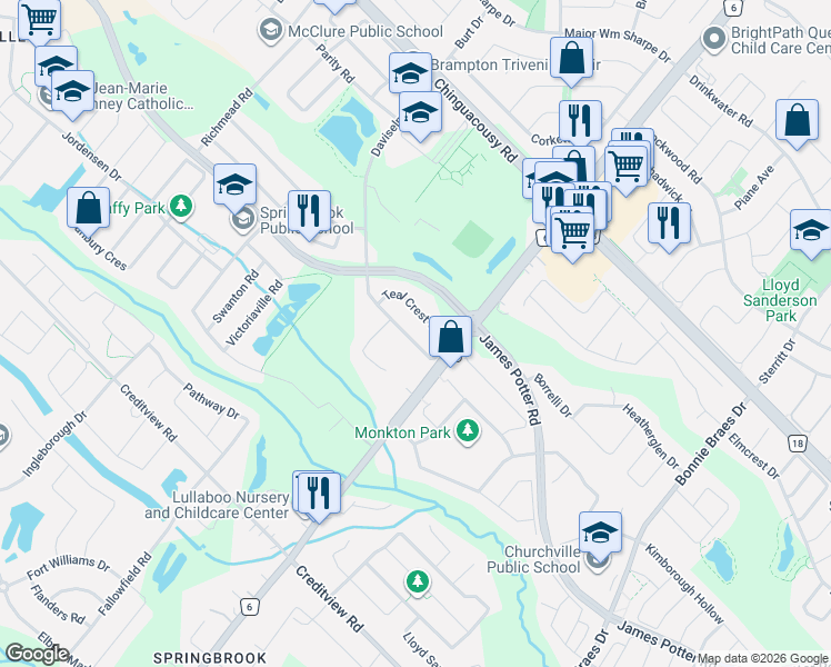 map of restaurants, bars, coffee shops, grocery stores, and more near 29 Teal Crest Circle in Brampton