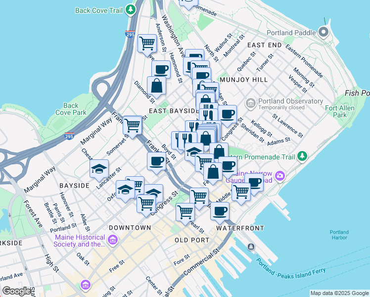 map of restaurants, bars, coffee shops, grocery stores, and more near 46 Smith Street in Portland