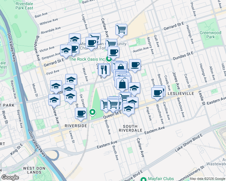map of restaurants, bars, coffee shops, grocery stores, and more near in Toronto