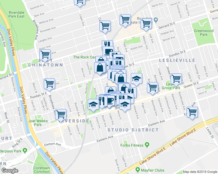 map of restaurants, bars, coffee shops, grocery stores, and more near 1159 Dundas Street East in Toronto