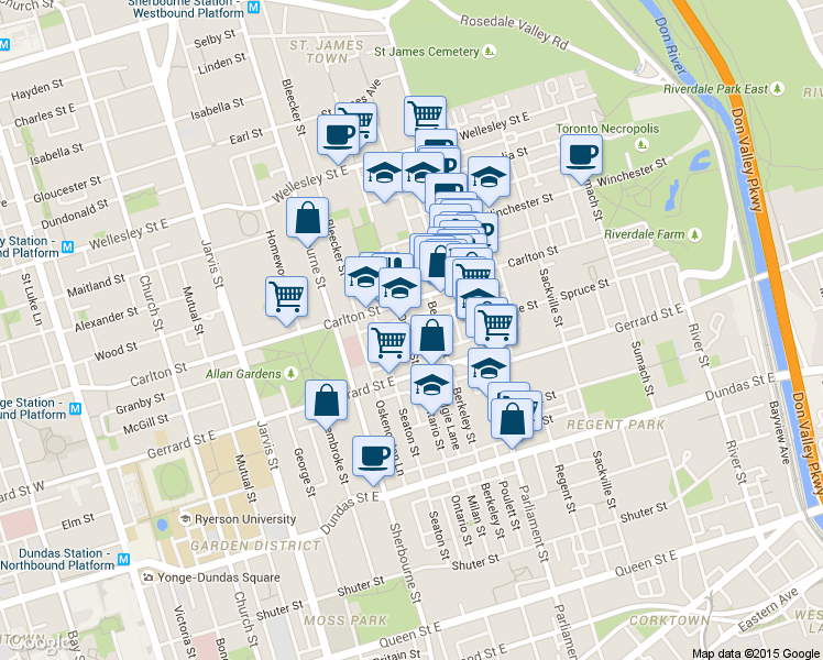 map of restaurants, bars, coffee shops, grocery stores, and more near in Toronto