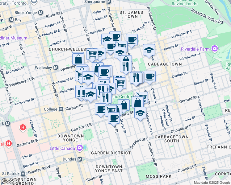 map of restaurants, bars, coffee shops, grocery stores, and more near 130 Carlton Street in Toronto