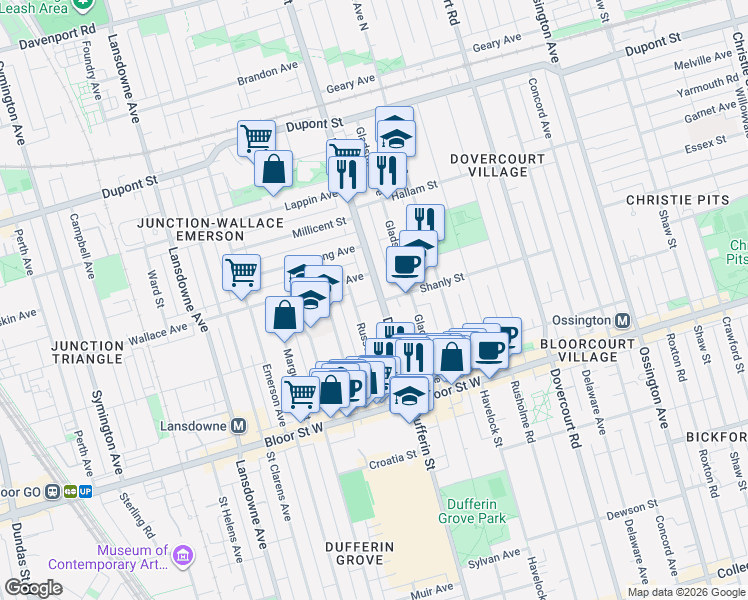 map of restaurants, bars, coffee shops, grocery stores, and more near in Toronto