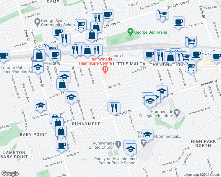 map of restaurants, bars, coffee shops, grocery stores, and more near in Toronto