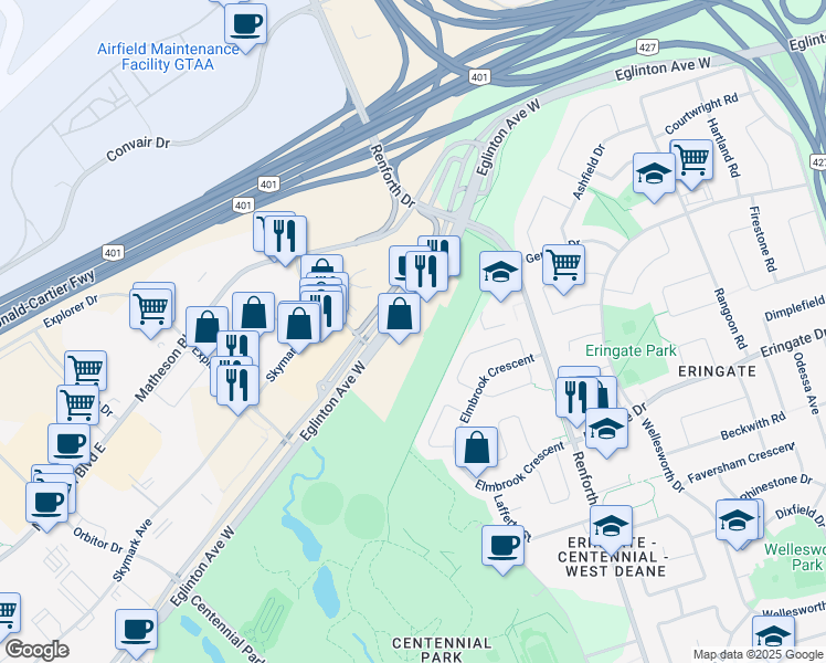 map of restaurants, bars, coffee shops, grocery stores, and more near 5395 Eglinton Ave W in Toronto