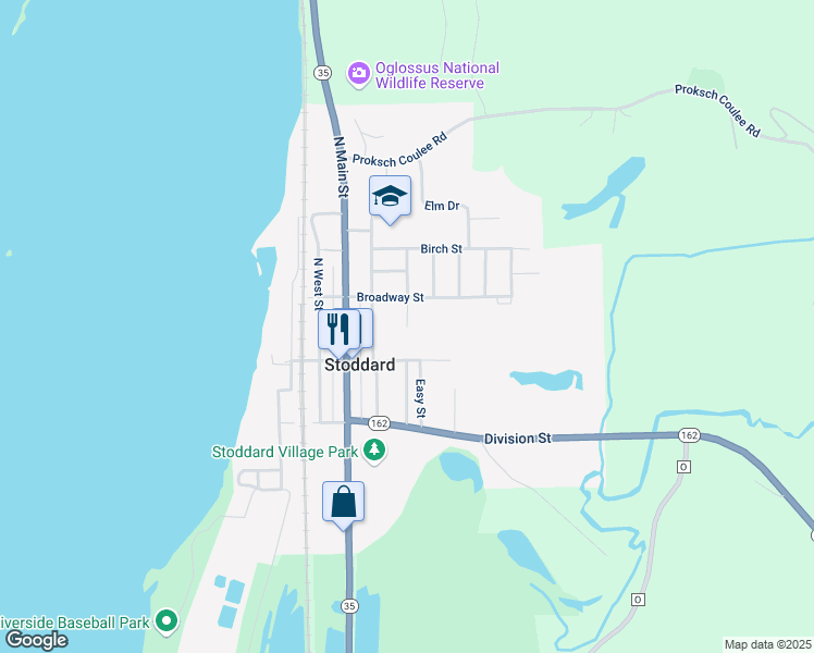 map of restaurants, bars, coffee shops, grocery stores, and more near 113 Oak Street in Stoddard