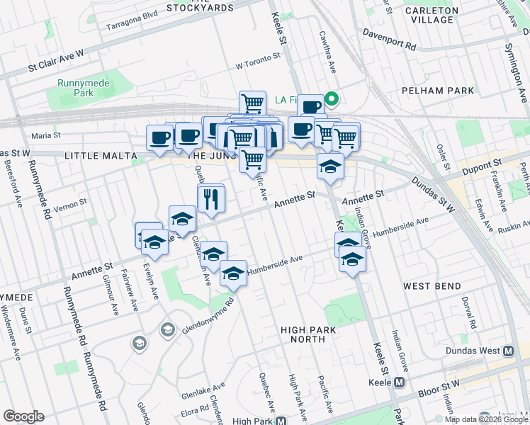 map of restaurants, bars, coffee shops, grocery stores, and more near 334 Pacific Avenue in Toronto