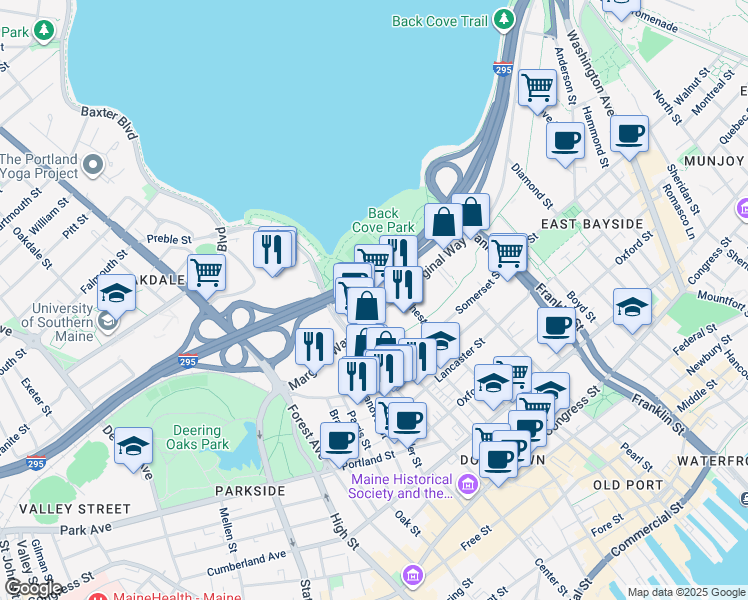 map of restaurants, bars, coffee shops, grocery stores, and more near 132 Marginal Way in Portland