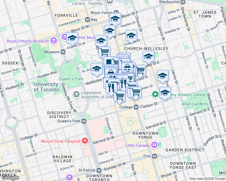 map of restaurants, bars, coffee shops, grocery stores, and more near 35 Breadalbane Street in Toronto