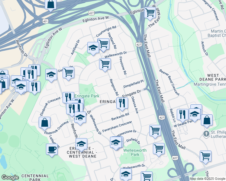 map of restaurants, bars, coffee shops, grocery stores, and more near in Toronto