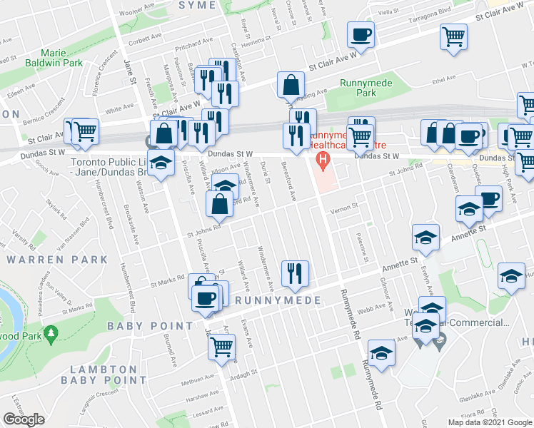 map of restaurants, bars, coffee shops, grocery stores, and more near 357 Saint Johns Road in Toronto