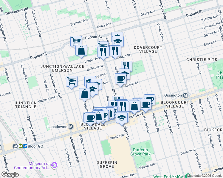 map of restaurants, bars, coffee shops, grocery stores, and more near in Toronto