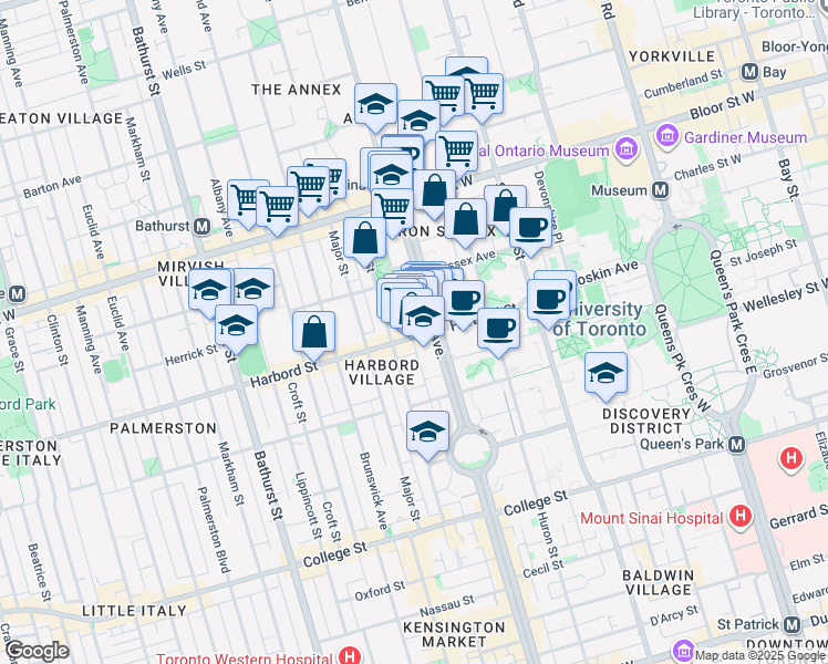 map of restaurants, bars, coffee shops, grocery stores, and more near 90 Harbord Street in Toronto