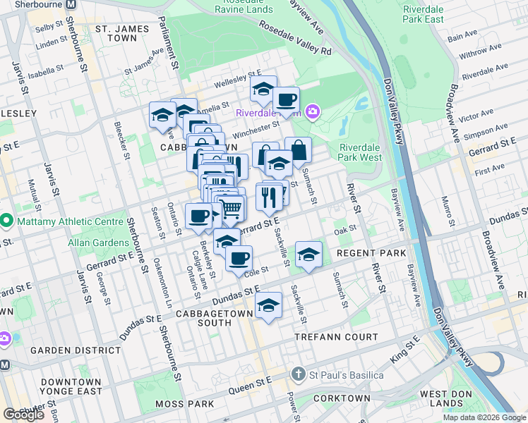map of restaurants, bars, coffee shops, grocery stores, and more near 294 Sackville Street in Toronto