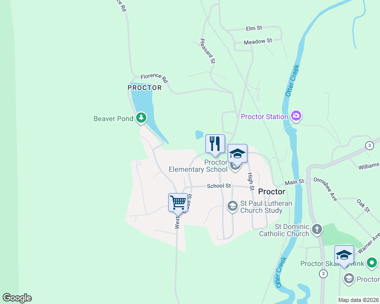 map of restaurants, bars, coffee shops, grocery stores, and more near 25 Market Street in Proctor