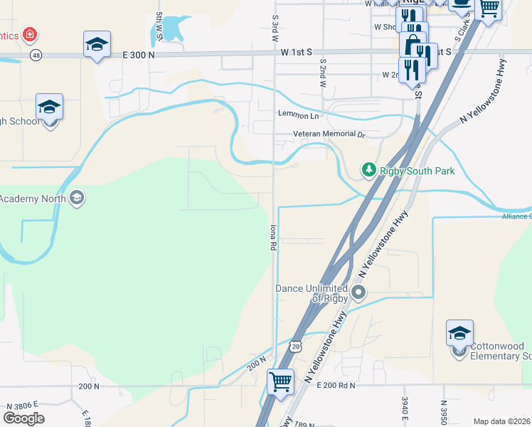 map of restaurants, bars, coffee shops, grocery stores, and more near 249 Iona Road in Rigby