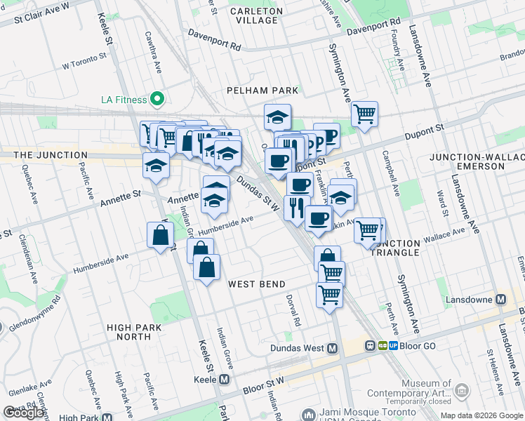 map of restaurants, bars, coffee shops, grocery stores, and more near 36 Humberside Avenue in Toronto