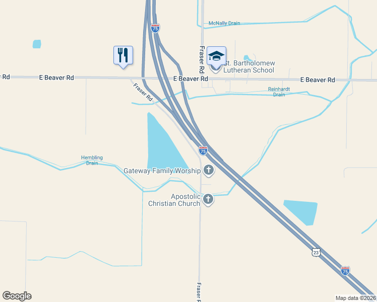map of restaurants, bars, coffee shops, grocery stores, and more near 2620 Fraser Road in Kawkawlin