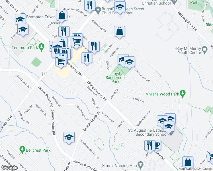 map of restaurants, bars, coffee shops, grocery stores, and more near 125 Lent Crescent in Brampton