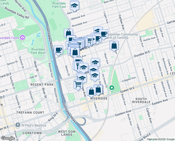 map of restaurants, bars, coffee shops, grocery stores, and more near 912 Dundas Street East in Toronto