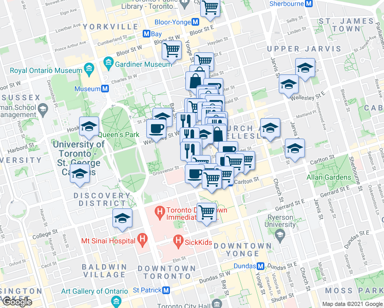 map of restaurants, bars, coffee shops, grocery stores, and more near 889 Bay Street in Toronto