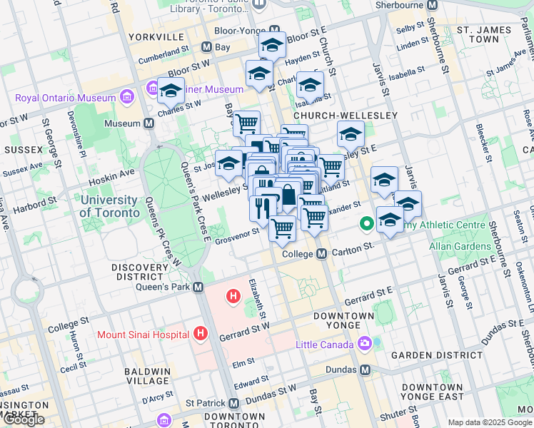 map of restaurants, bars, coffee shops, grocery stores, and more near 889 Bay Street in Toronto