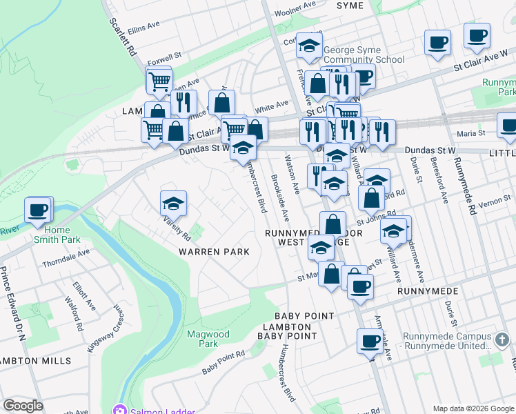 map of restaurants, bars, coffee shops, grocery stores, and more near 172 Humbercrest Boulevard in Toronto